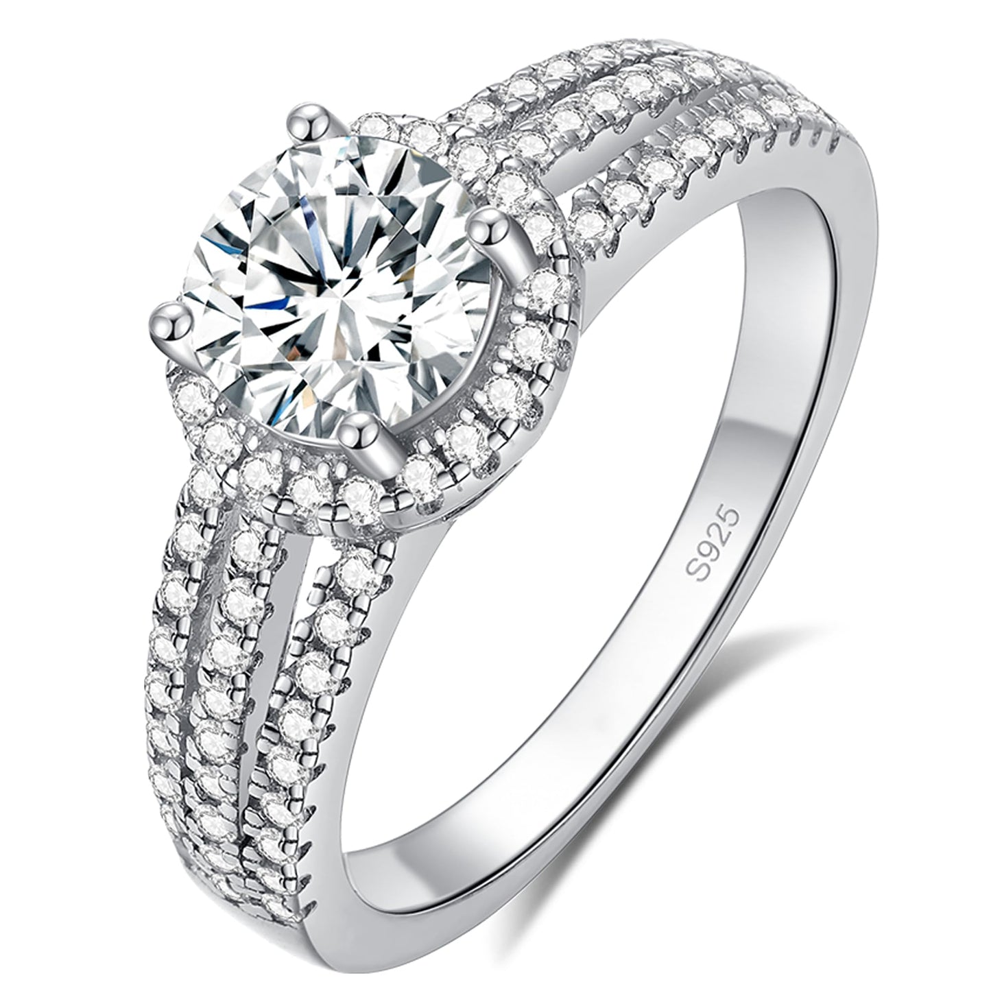Sterling Silver 1ct Moissanite Halo Setting 3-Row Wedding Engagement Ring
