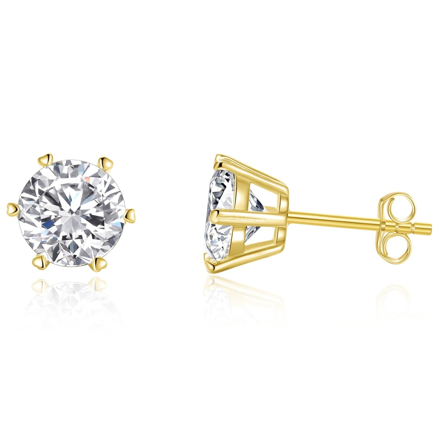 14K White/Yellow Gold Plated Sterling Silver 6 Prong Moissanite Stud Earrings