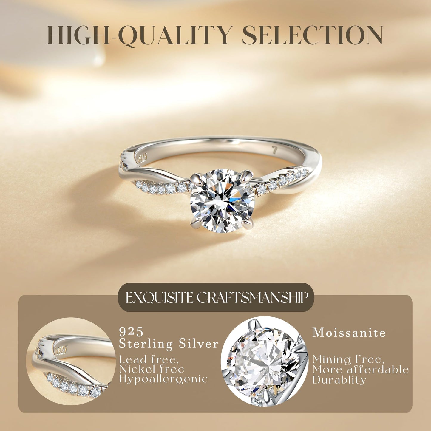 6.5MM Main Stone Sterling Silver 1ct Moissanite Engagement Ring