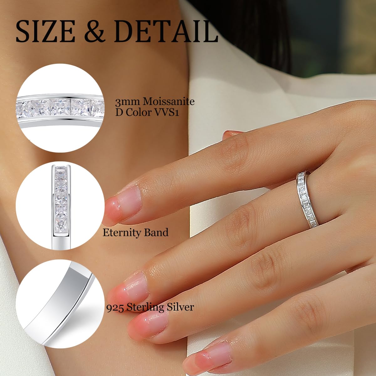 3mm Sterling Silver Full Eternity Moissanite Wedding Band Ring