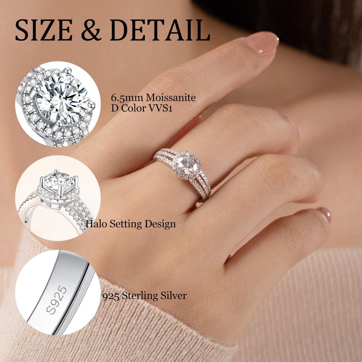 Sterling Silver 1ct Moissanite Halo Setting 3-Row Wedding Engagement Ring