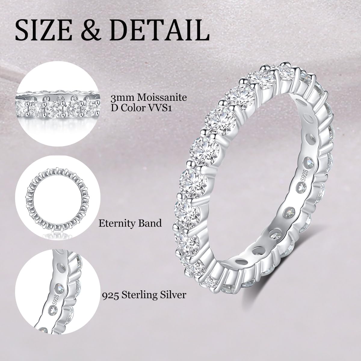 Sterling Silver Moissanite Wedding Band Ring 3mm Wdith Full Eternity
