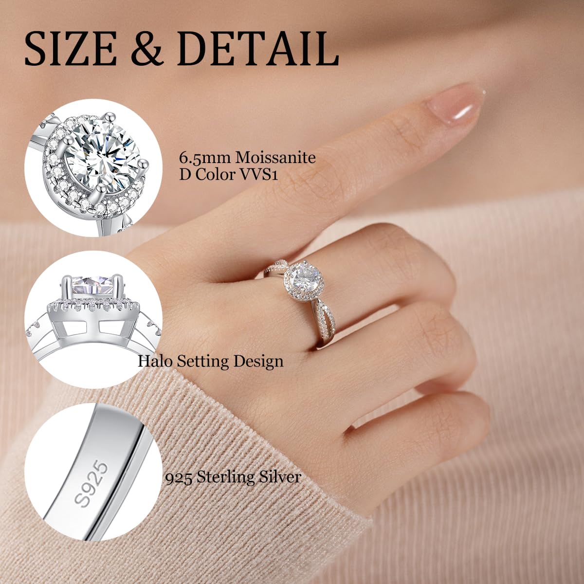 Sterling Silver 1ct Moissanite Halo Center Stone Wedding Engagement Ring