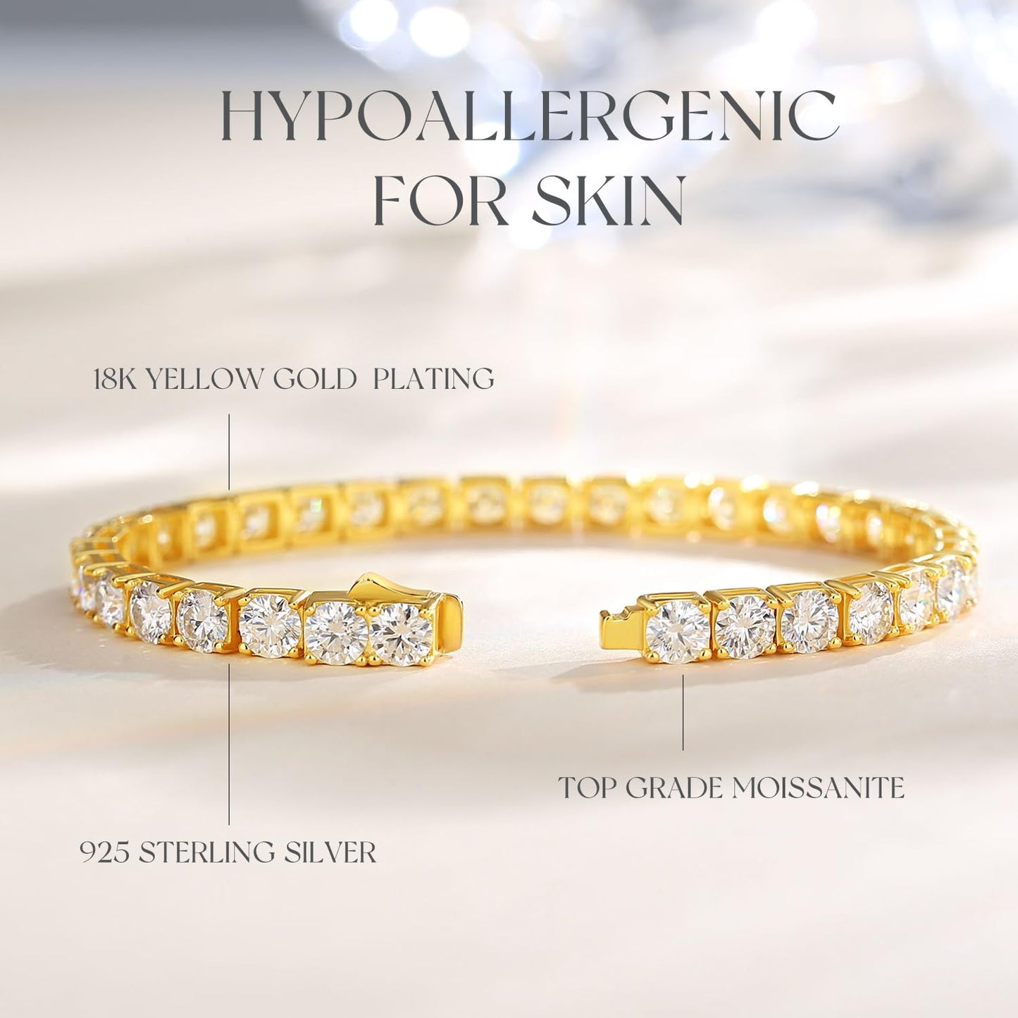Sterling Silver 3mm Yellow Gold Moissanite Tennis Bracelet