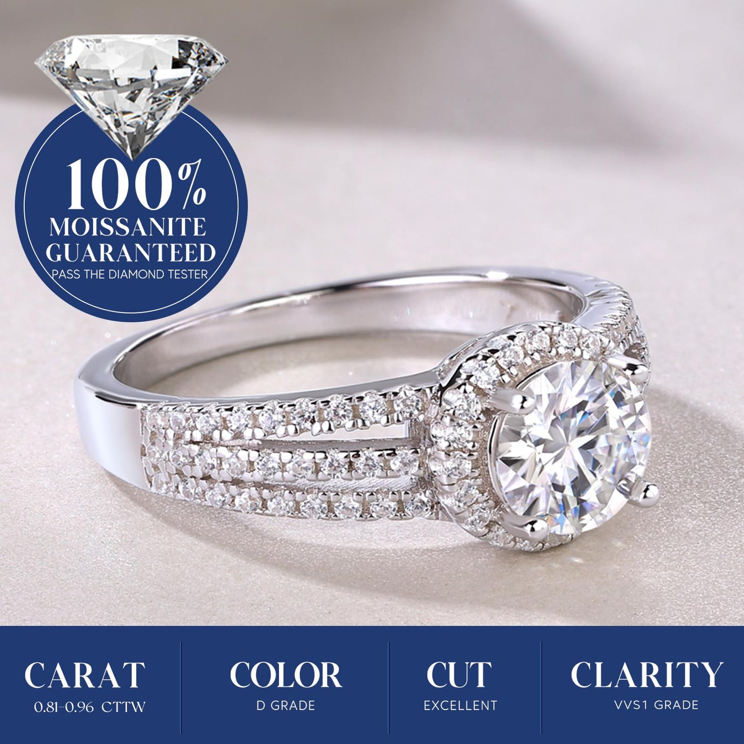 Sterling Silver 1ct Moissanite Halo Setting 3-Row Wedding Engagement Ring