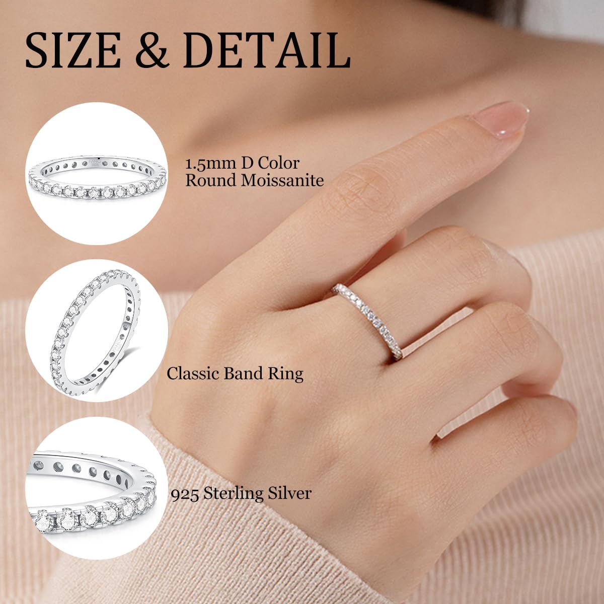 2mm Sterling Silver Full Eternity Stackable Moissanite Wedding Band Ring