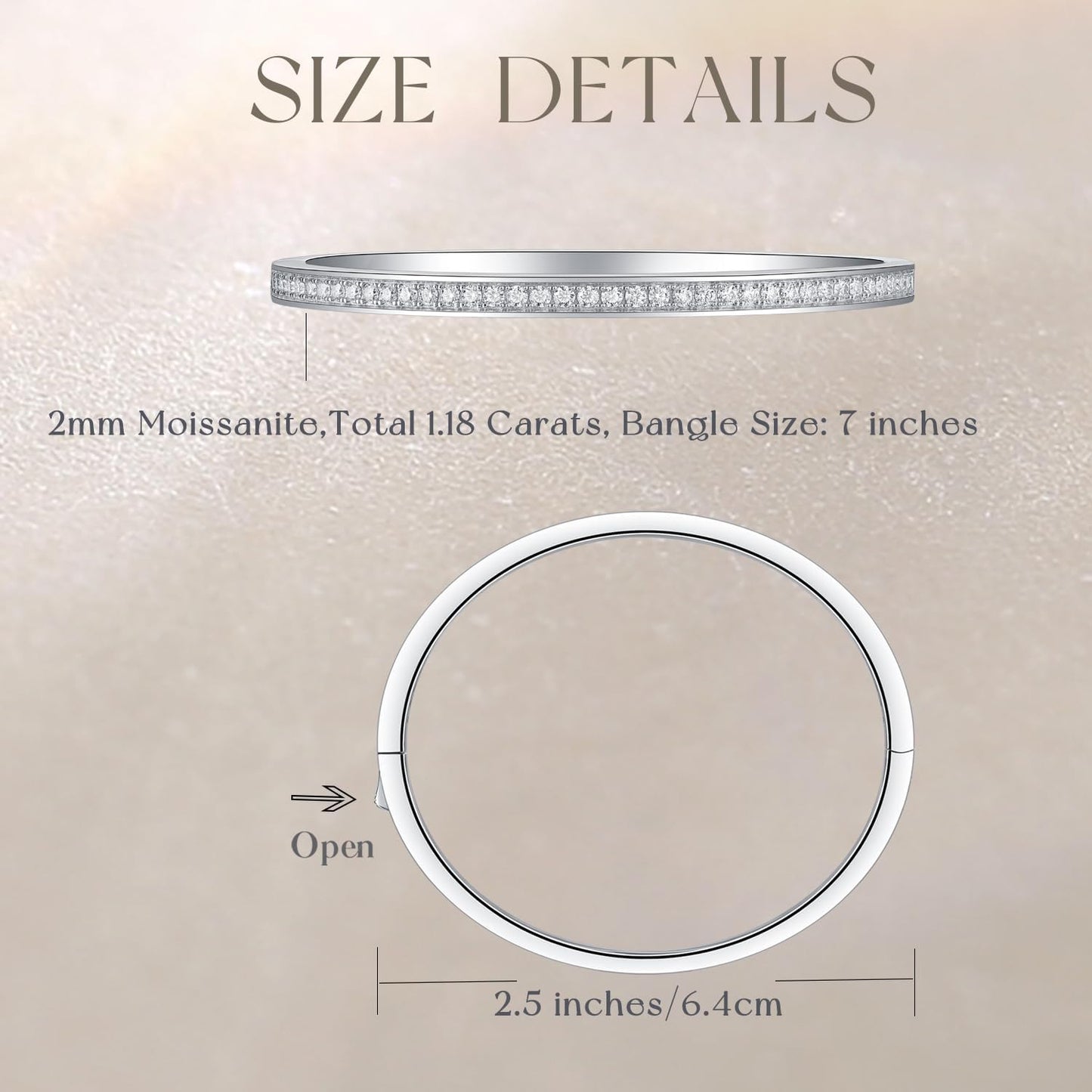 Sterling Silver Moissanite Bangle Classic Tennis Bracelet 3mm 7.1 Inch