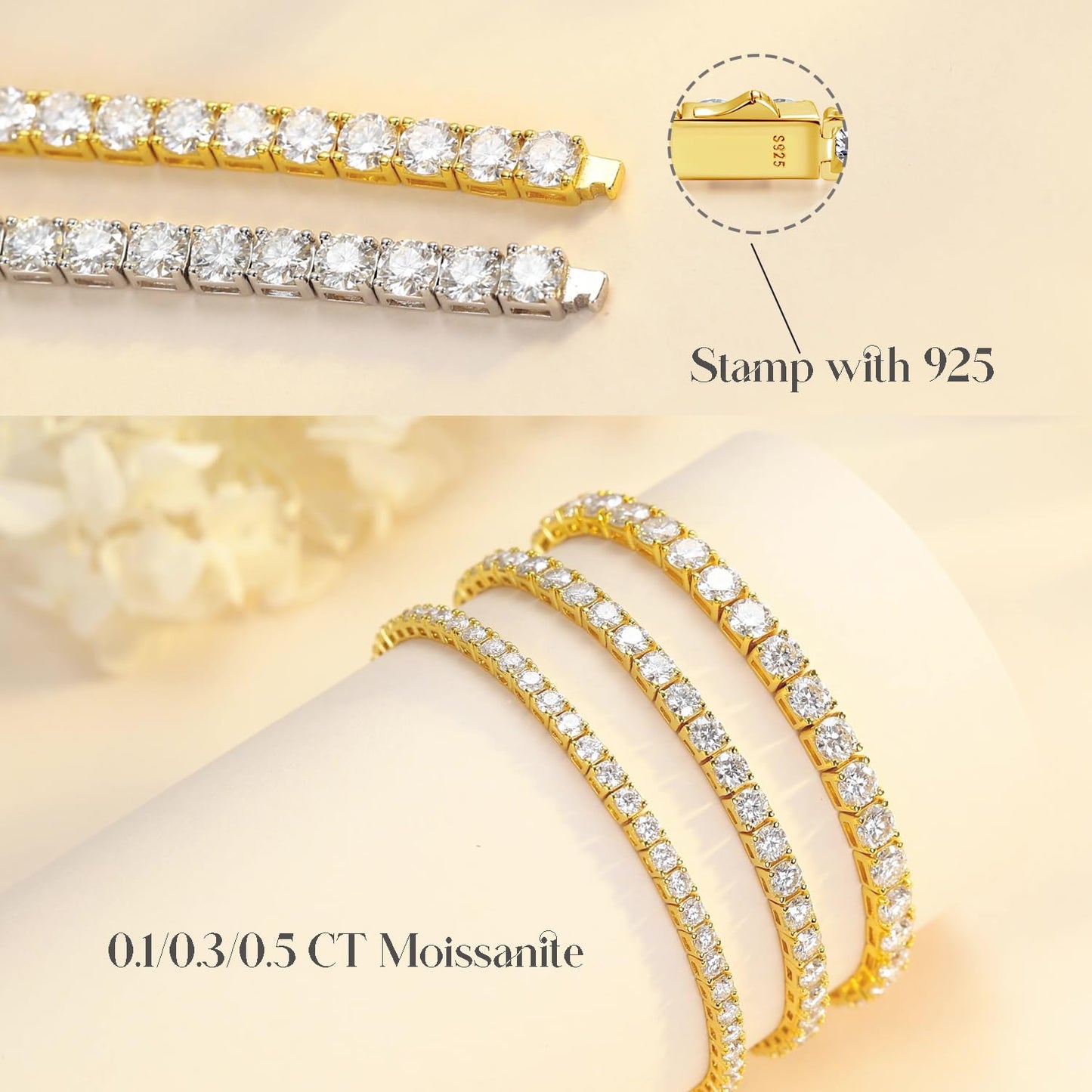 Sterling Silver 3mm Yellow Gold Moissanite Tennis Bracelet