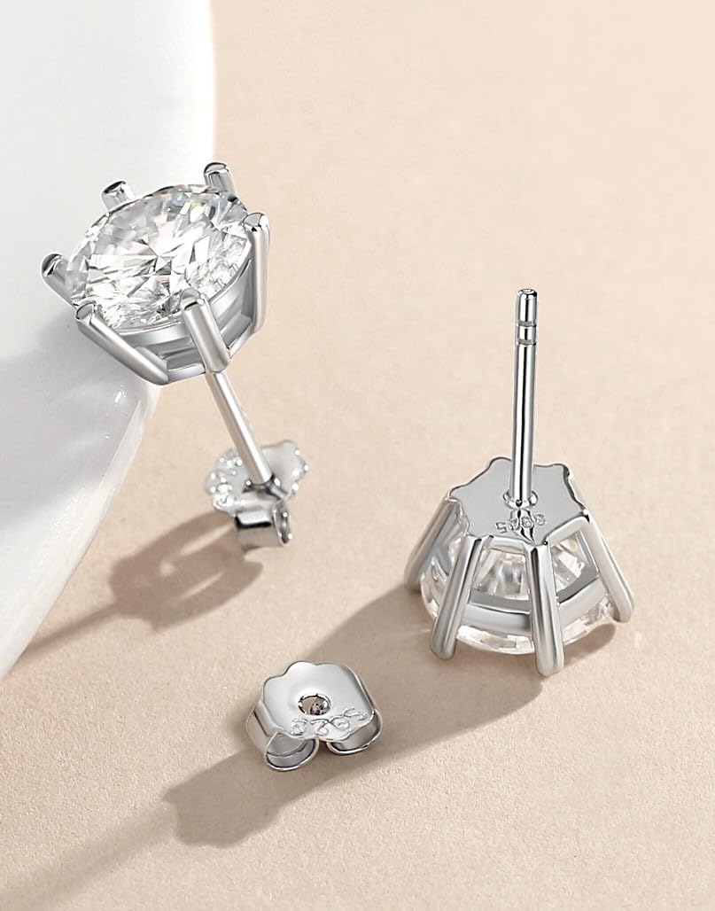 14K White/Yellow Gold Plated Sterling Silver 6 Prong Moissanite Stud Earrings