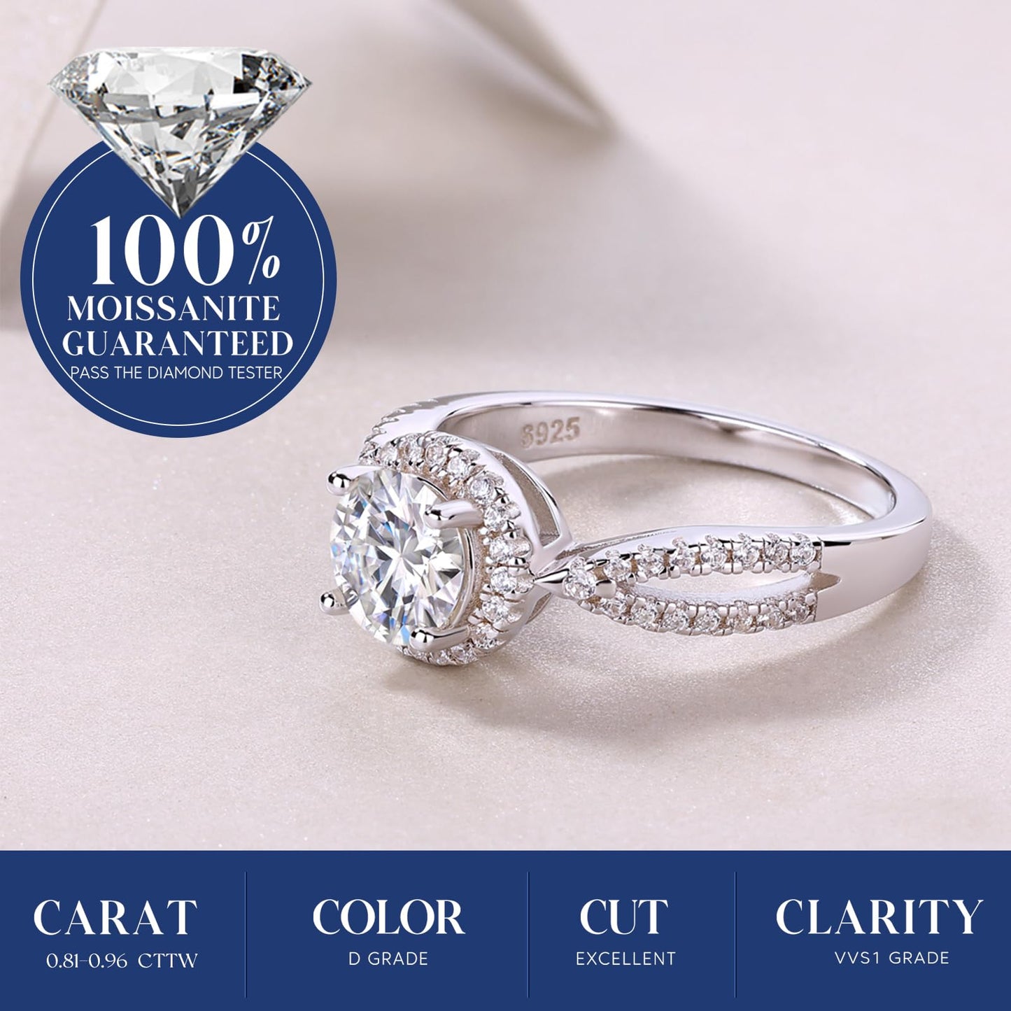 Sterling Silver 1ct Moissanite Halo Center Stone Wedding Engagement Ring