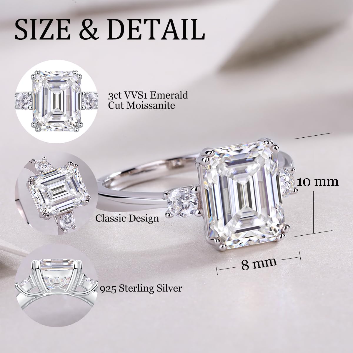 Sterling Silver 3ct Moissanite Main Stone Wedding Engagement Ring
