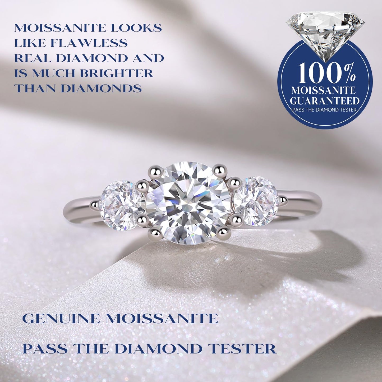 6.5MM Sterling Silver 3 Stone 1ct Moissanite Engagement Ring