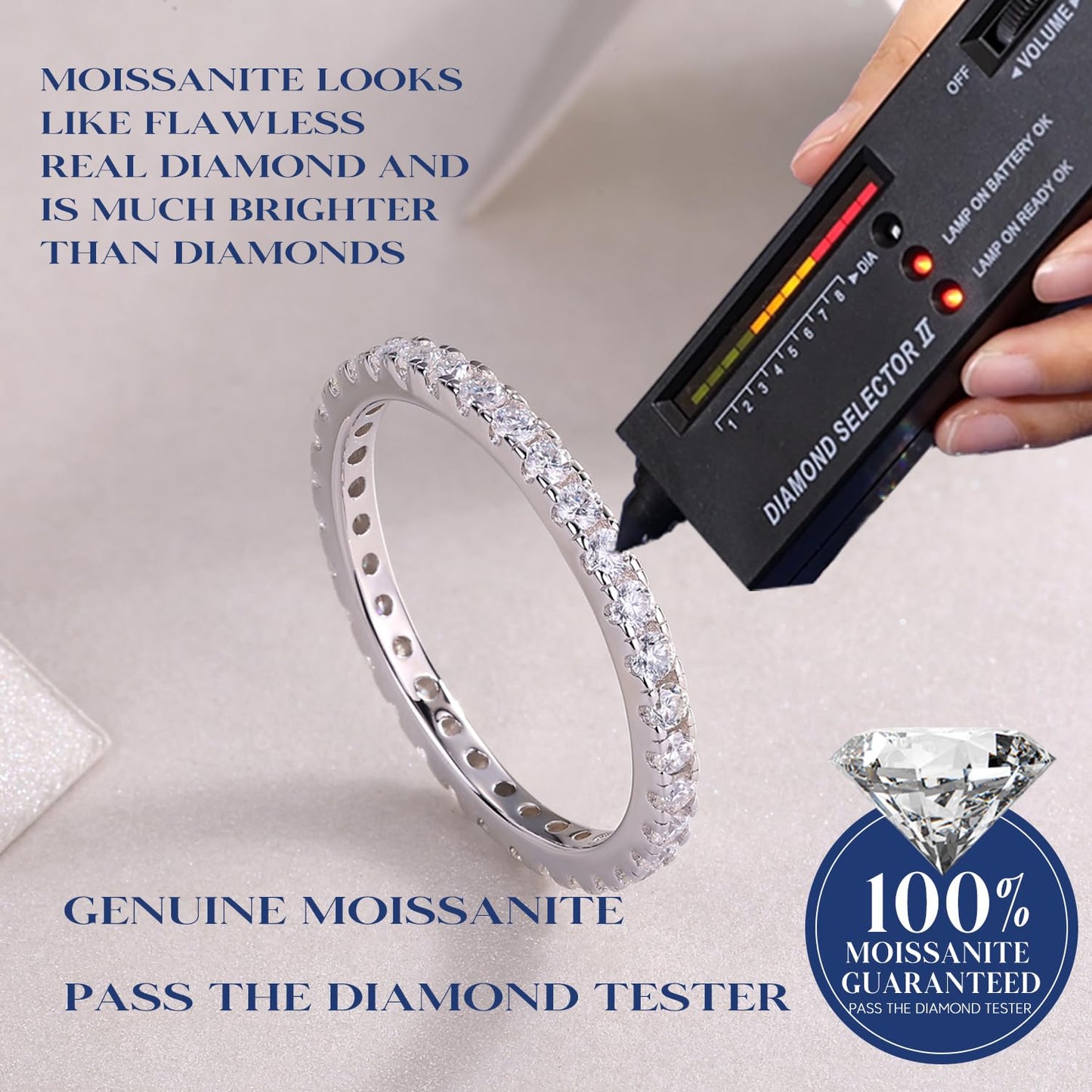 2mm Sterling Silver Full Eternity Stackable Moissanite Wedding Band Ring