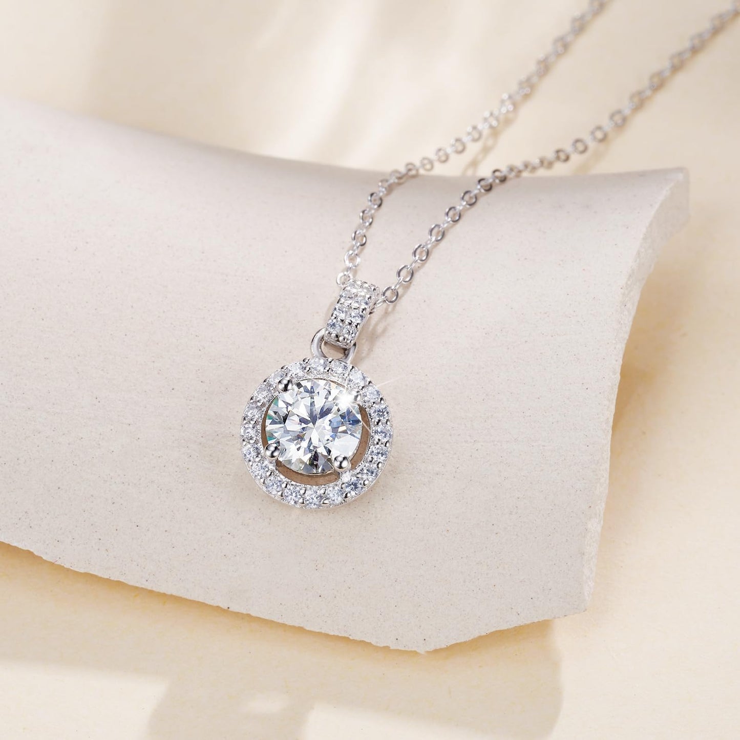 1-3 CT Sterling Silver Moissanite Halo Necklace