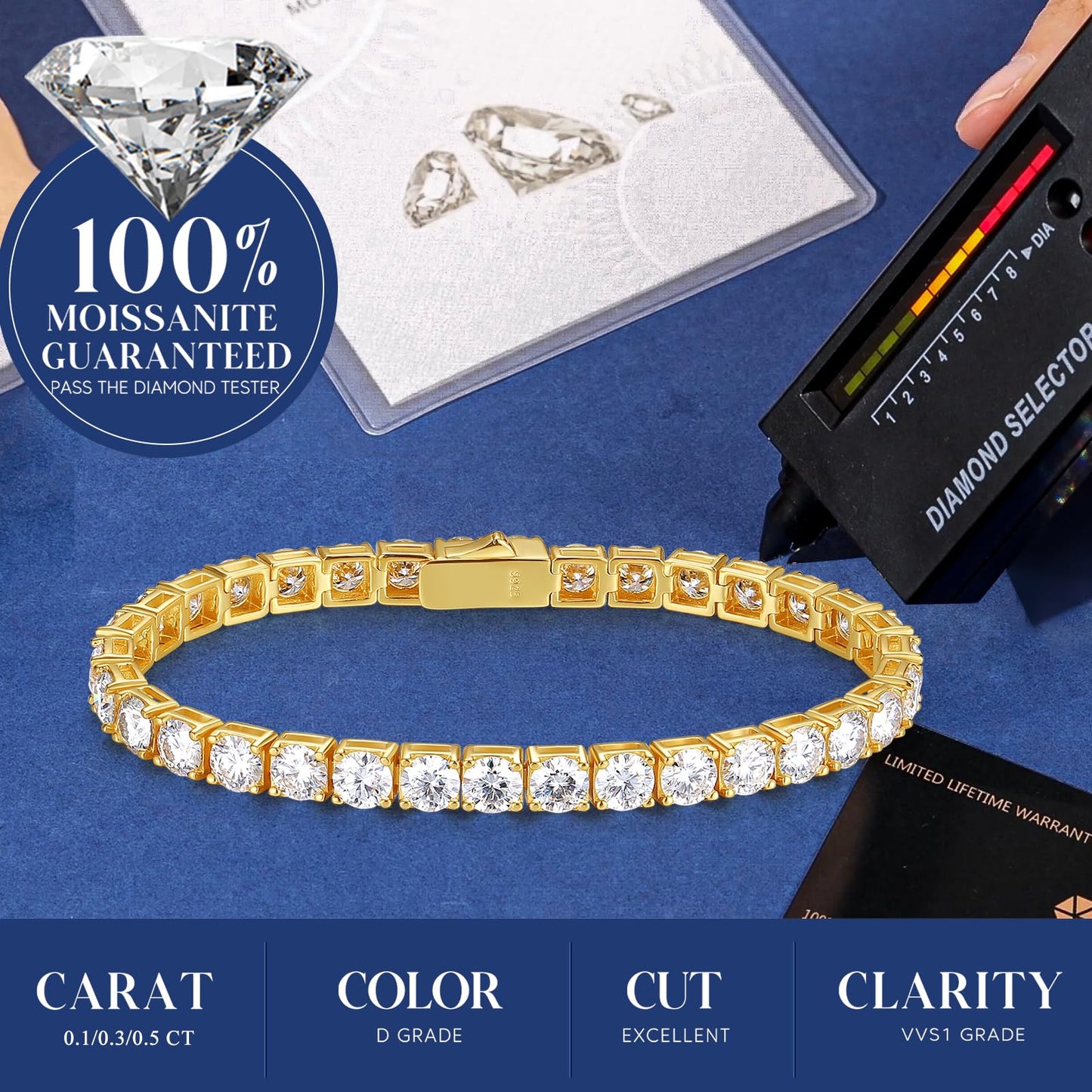 Sterling Silver 3mm Yellow Gold Moissanite Tennis Bracelet