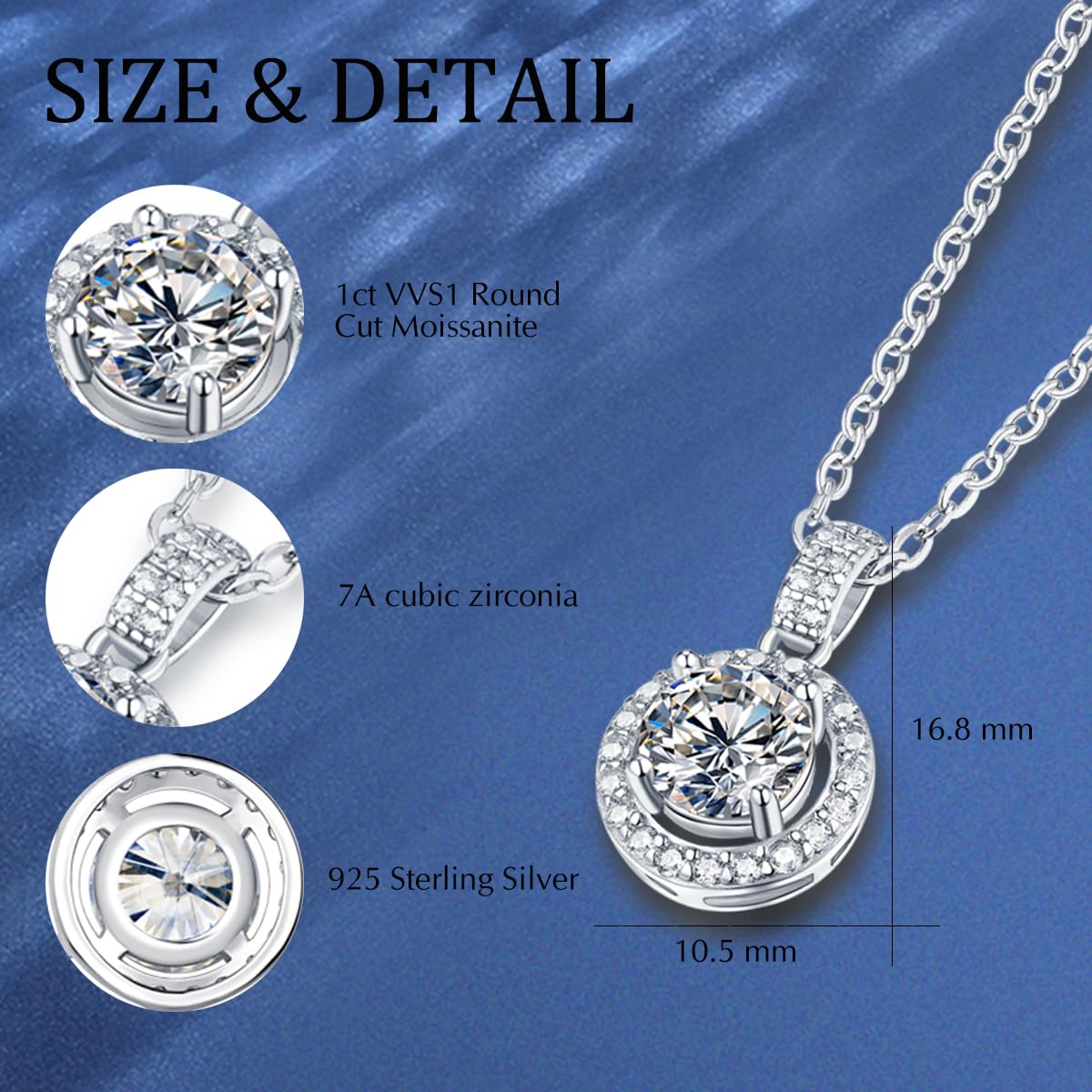 1-3 CT Sterling Silver Moissanite Halo Necklace