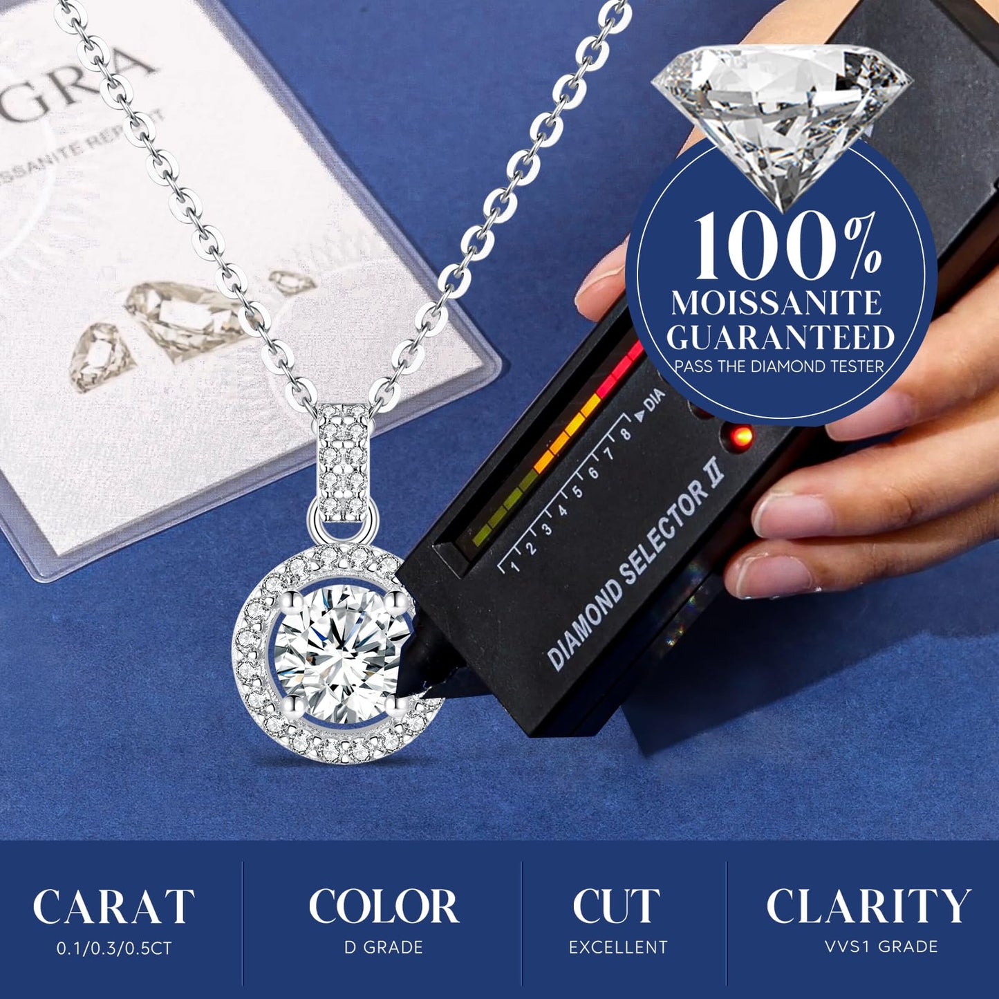 1-3 CT Sterling Silver Moissanite Halo Necklace