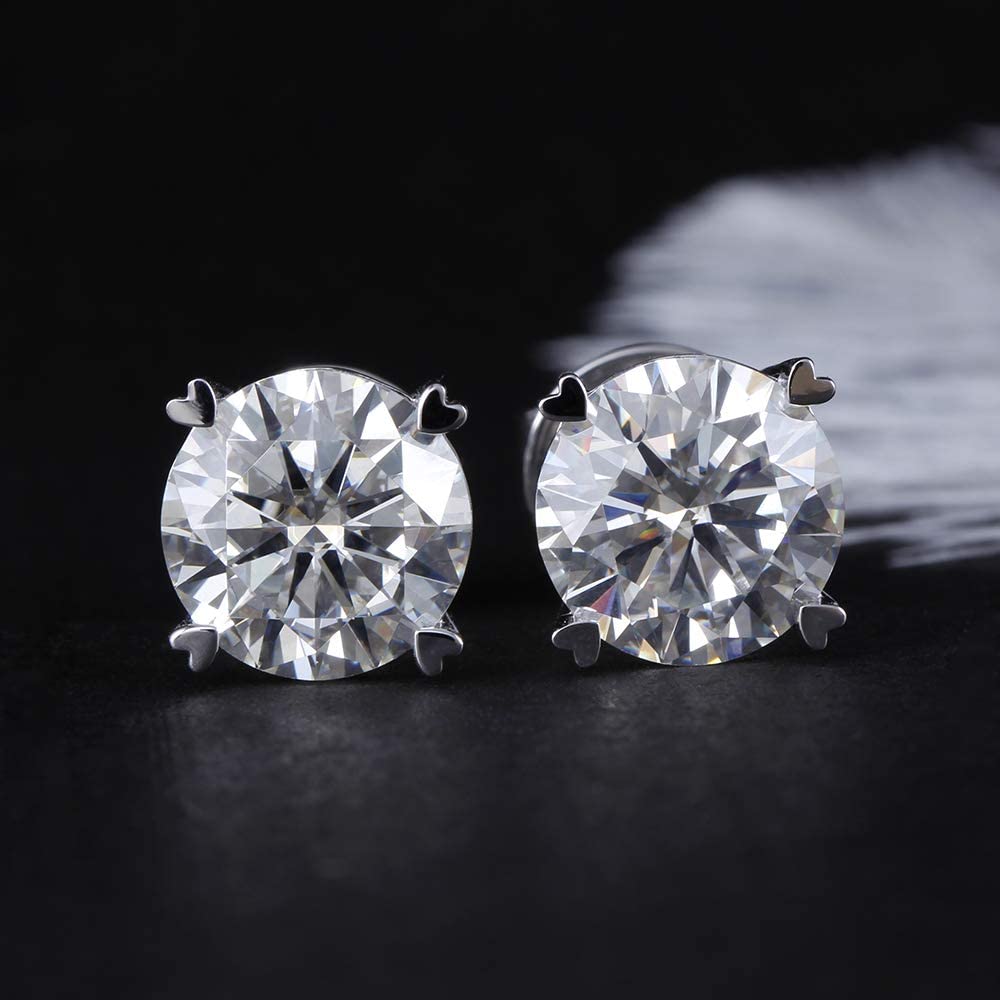 14K White Gold 2 Carats Round Moissanite Solitaire Four-Prong Stud Earrings