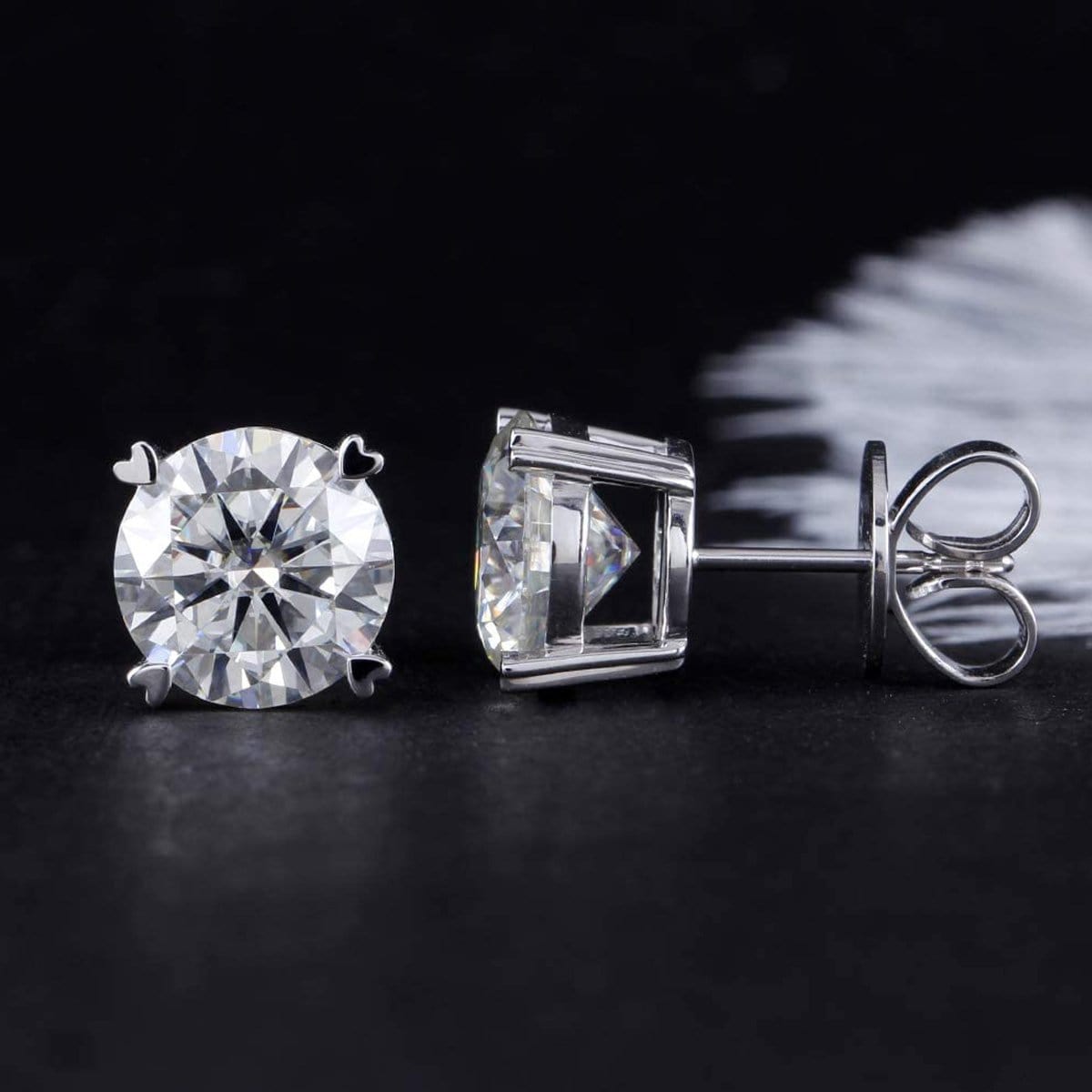14K White Gold 2 Carats Round Moissanite Solitaire Four-Prong Stud Earrings