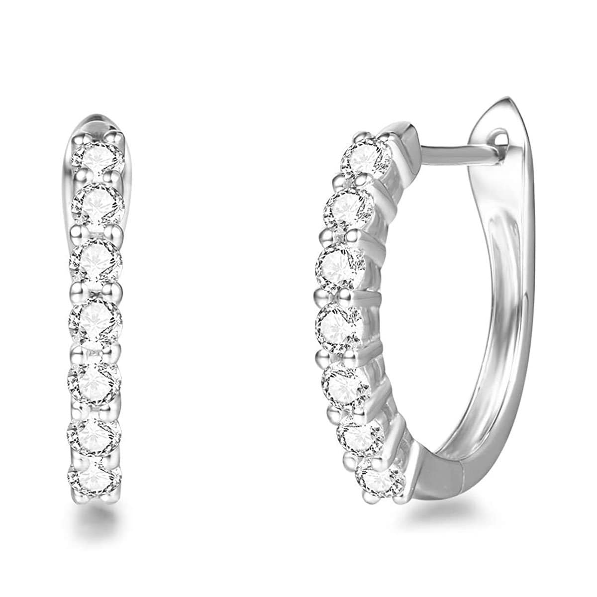 14K White Gold Round Moissanite Shared Prong Hoop Earrings