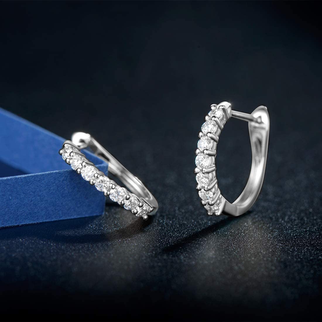14K White Gold Round Moissanite Shared Prong Hoop Earrings