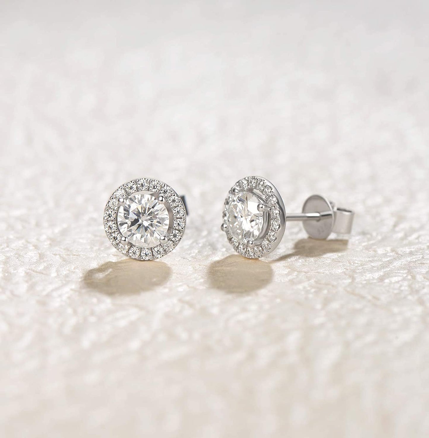 14K White Gold Round Moissanite Halo Stud Earrings