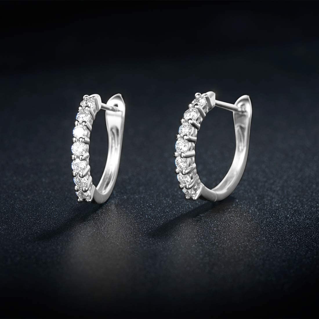 14K White Gold Round Moissanite Shared Prong Hoop Earrings