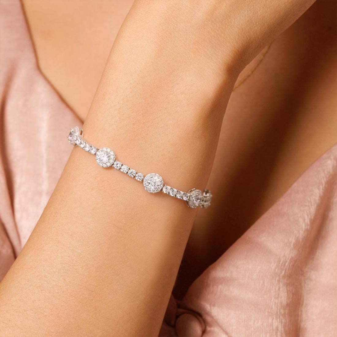 8mm Sterling Silver Heart Flower Moissanite Wedding Bridal Prom Tennis Bracelet