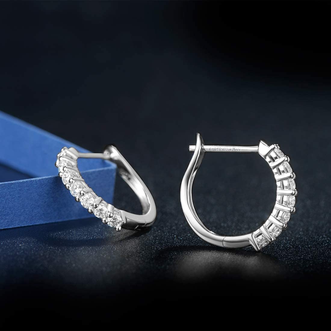 14K White Gold Round Moissanite Shared Prong Hoop Earrings