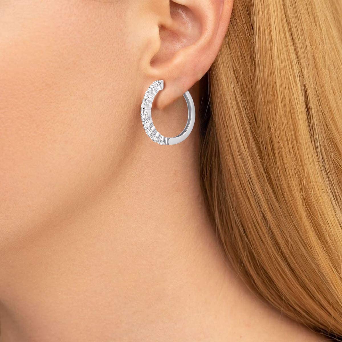 Sterling Silver Round Moissanite Shared Prong Hoop Earrings
