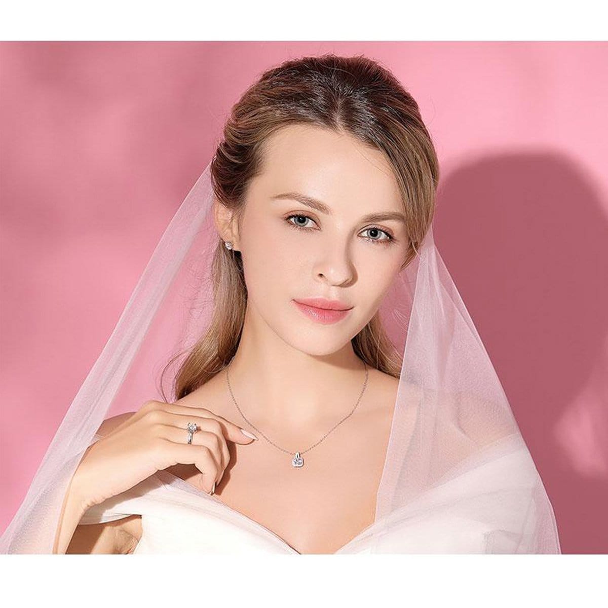 White Gold 1 Carat Round Moissanite Square Halo Pendant Necklace