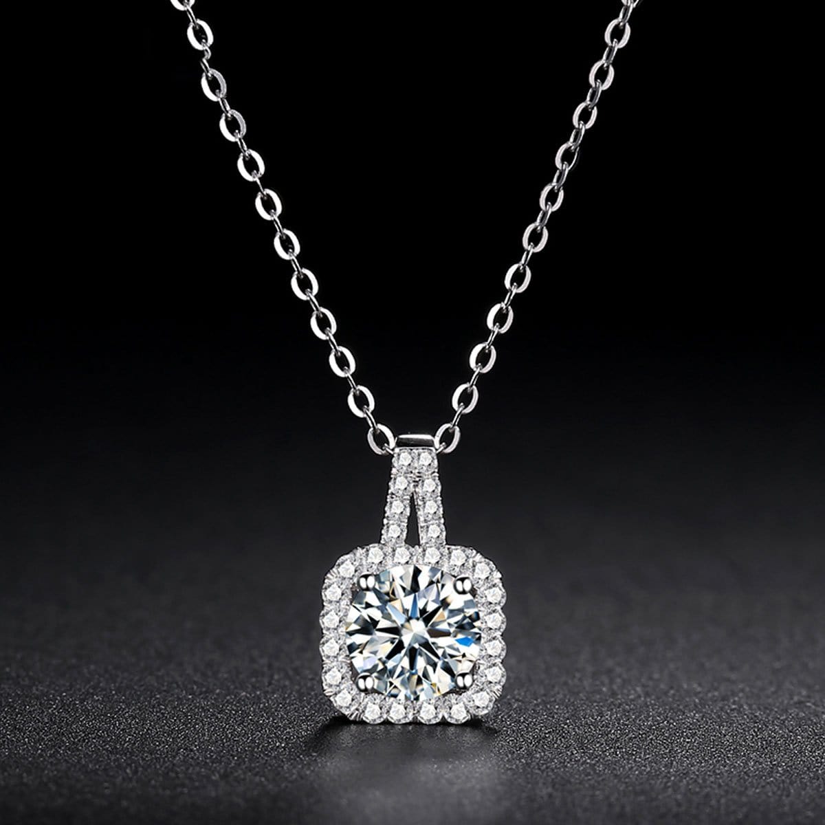 White Gold 1 Carat Round Moissanite Square Halo Pendant Necklace