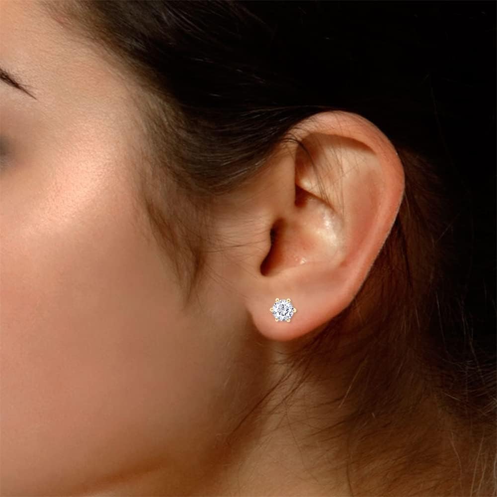 14K White/Yellow Gold Plated Sterling Silver 6 Prong Moissanite Stud Earrings