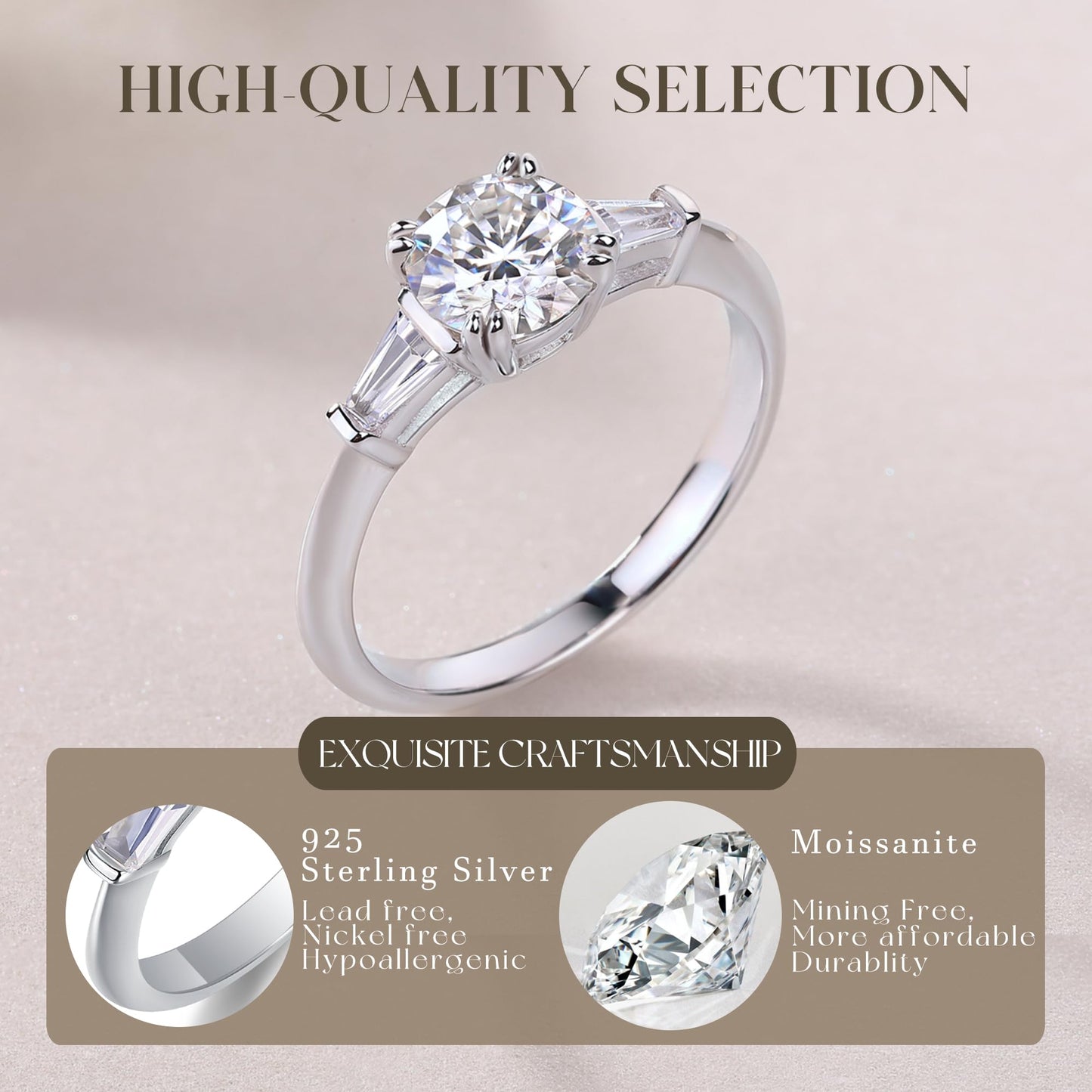 6.5MM Main Stone 1ct Sterling Silver Moissanite Solitaire Engagement Ring