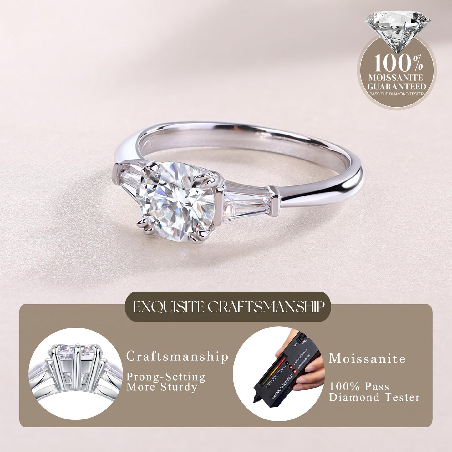 6.5MM Main Stone 1ct Sterling Silver Moissanite Solitaire Engagement Ring