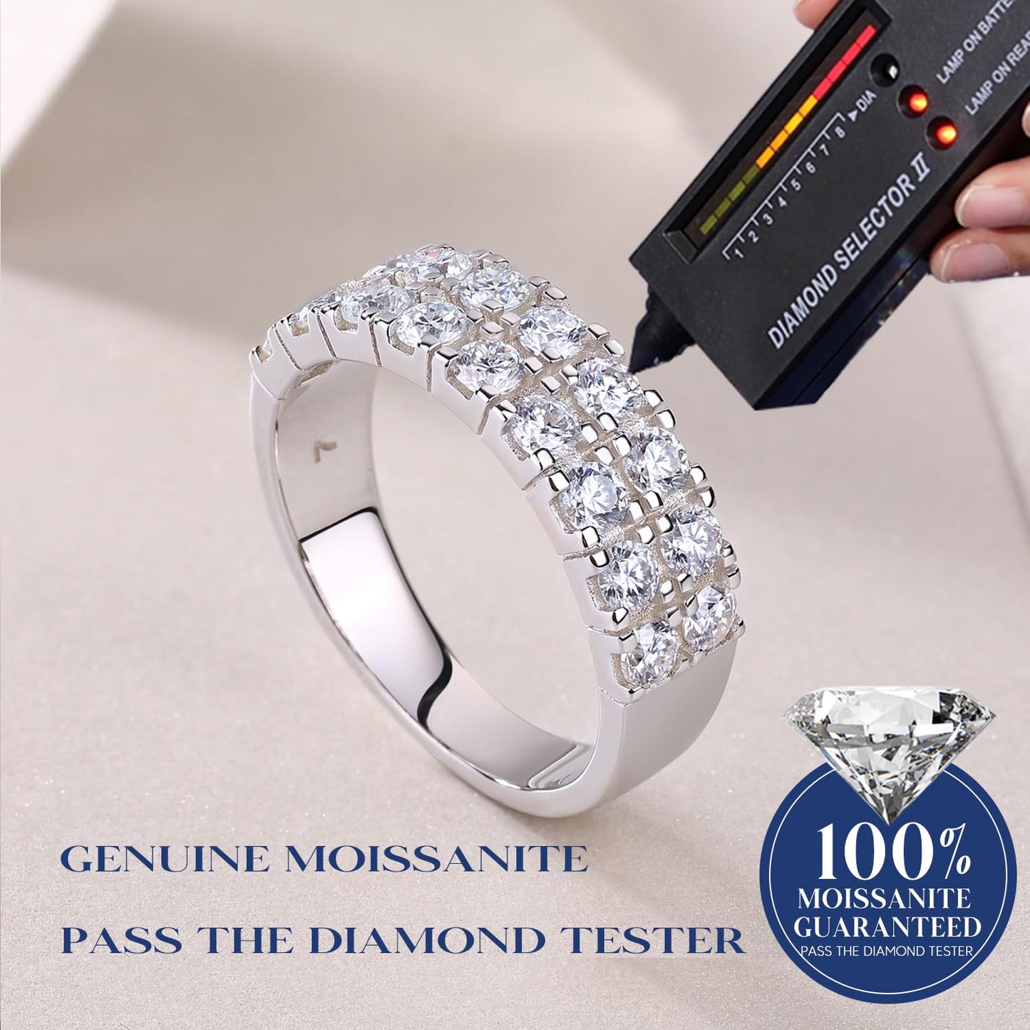 スターリングシルバー 6.5 mm ダブルロウ ハーフエタニティ モアッサナイト 結婚指輪