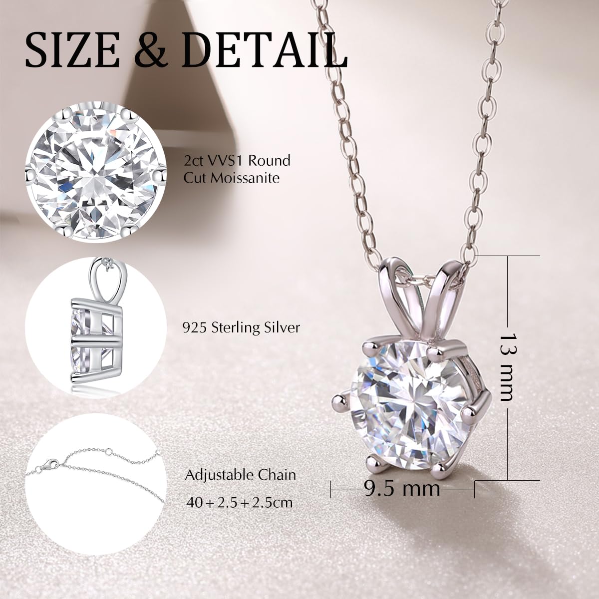1-4 CT Round Pendant Sterling Silver Solitaire Moissanite Necklace