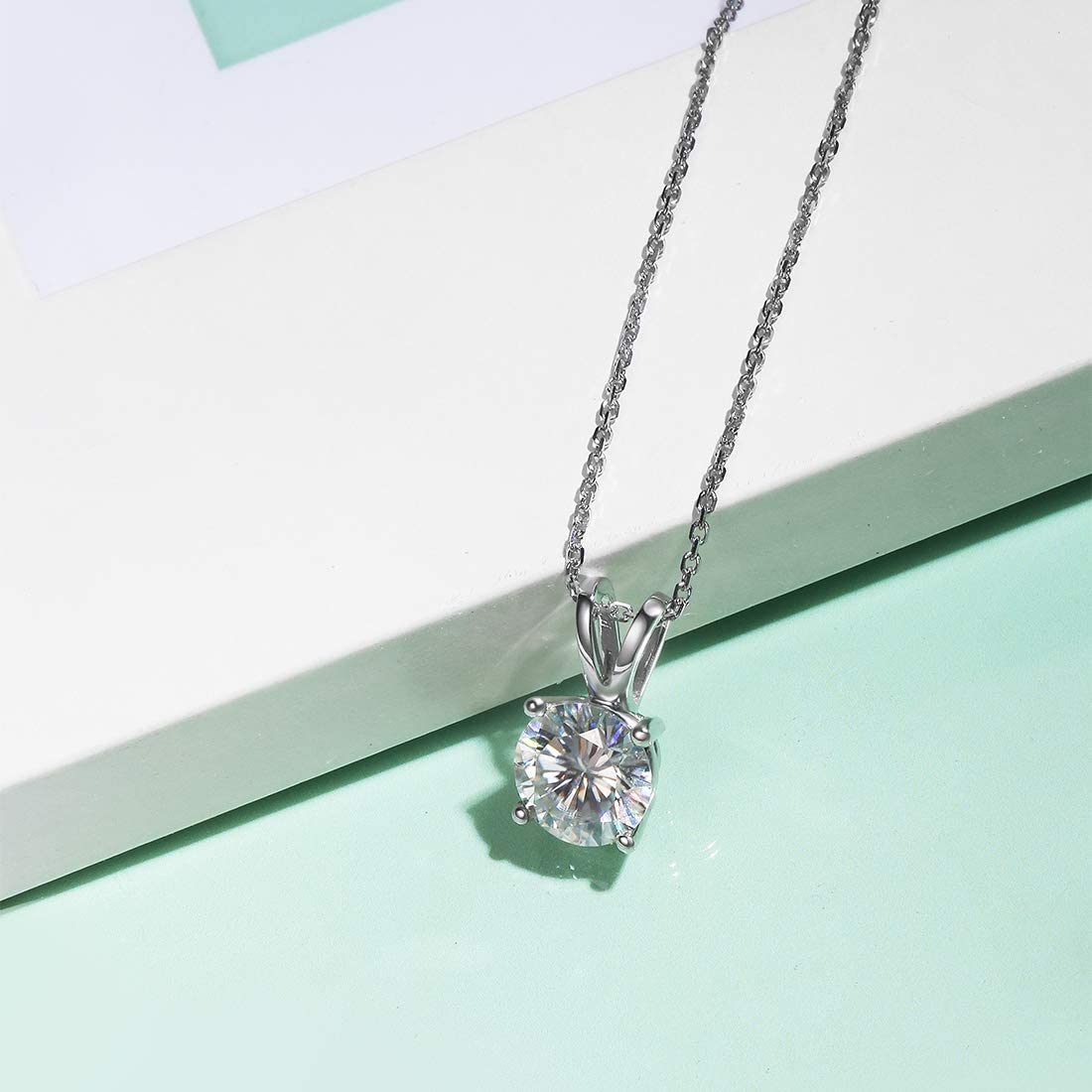 14K White Gold 1 Carat Classic Round Moissanite Solitaire Pendant Necklace