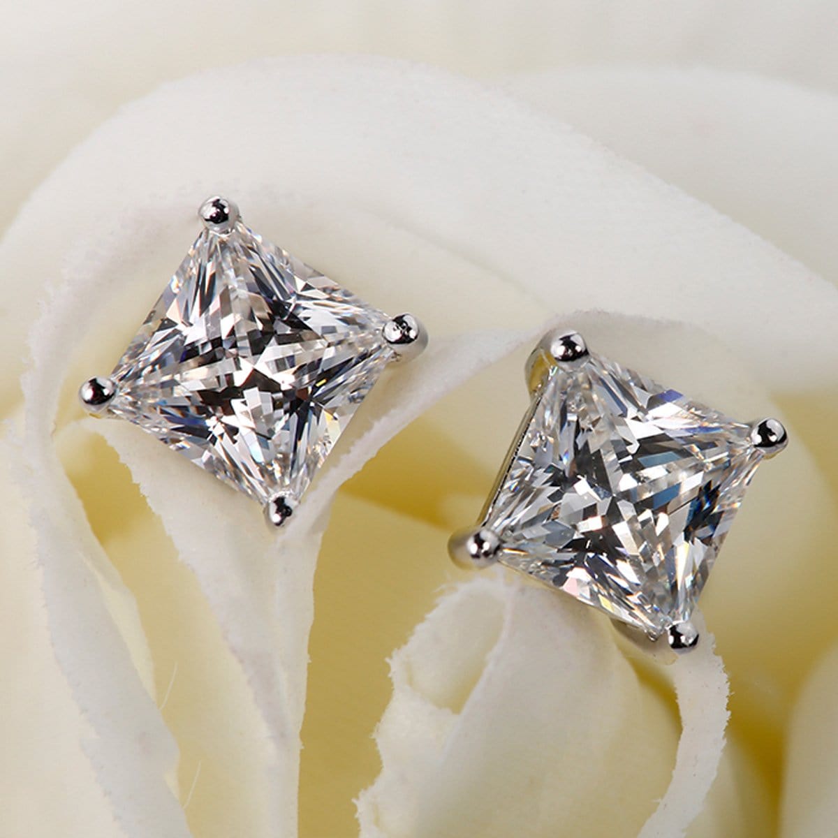 14K White Gold Princess Moissanite Solitaire Stud Earrings