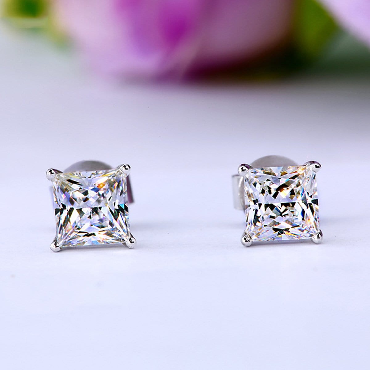 14K White Gold Princess Moissanite Solitaire Stud Earrings