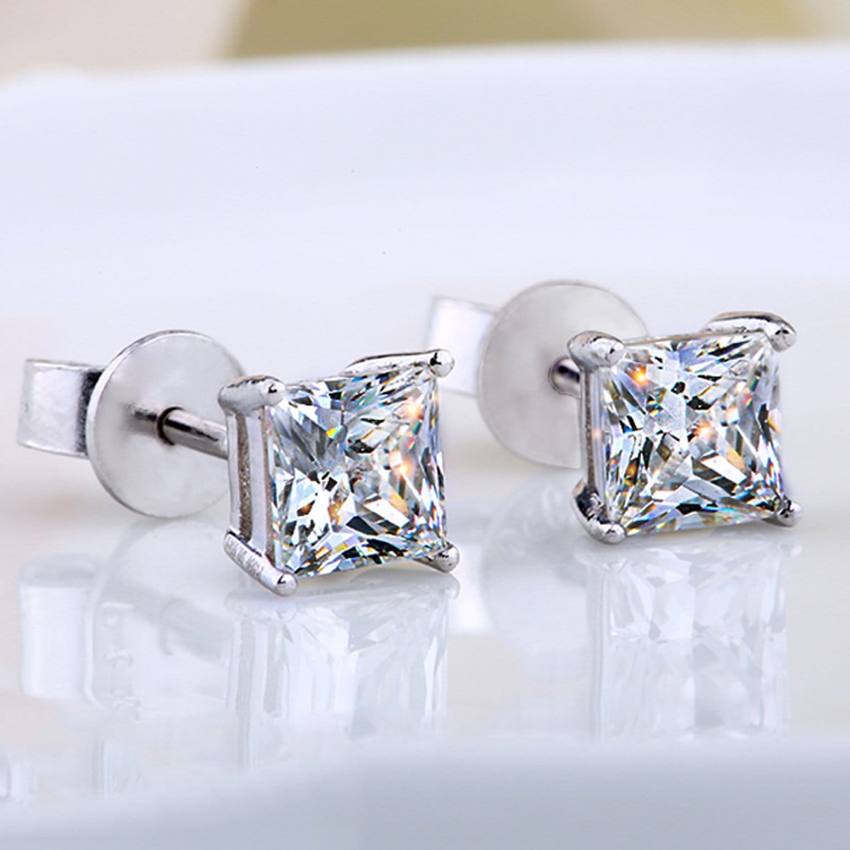14K White Gold Princess Moissanite Solitaire Stud Earrings