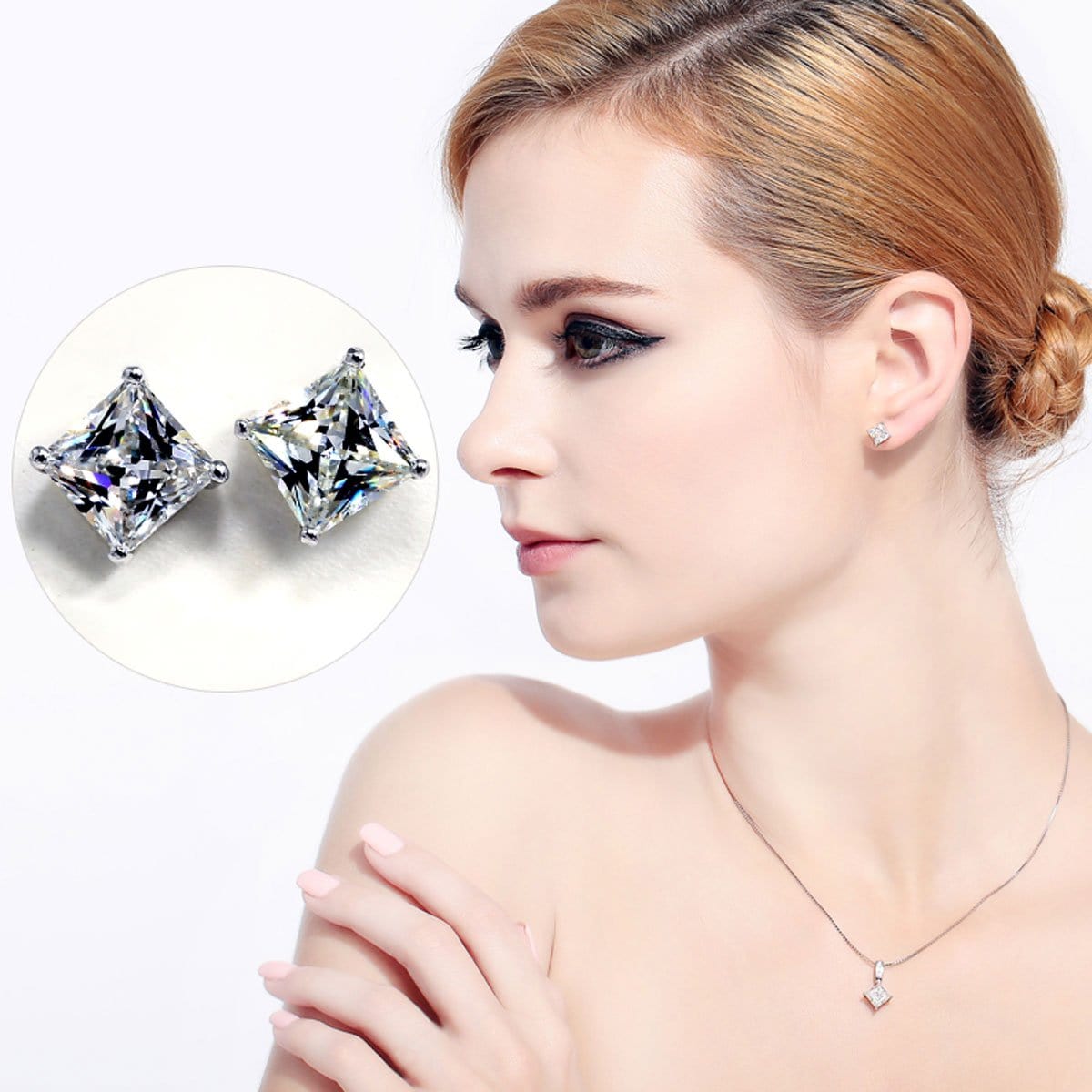 14K White Gold Princess Moissanite Solitaire Stud Earrings